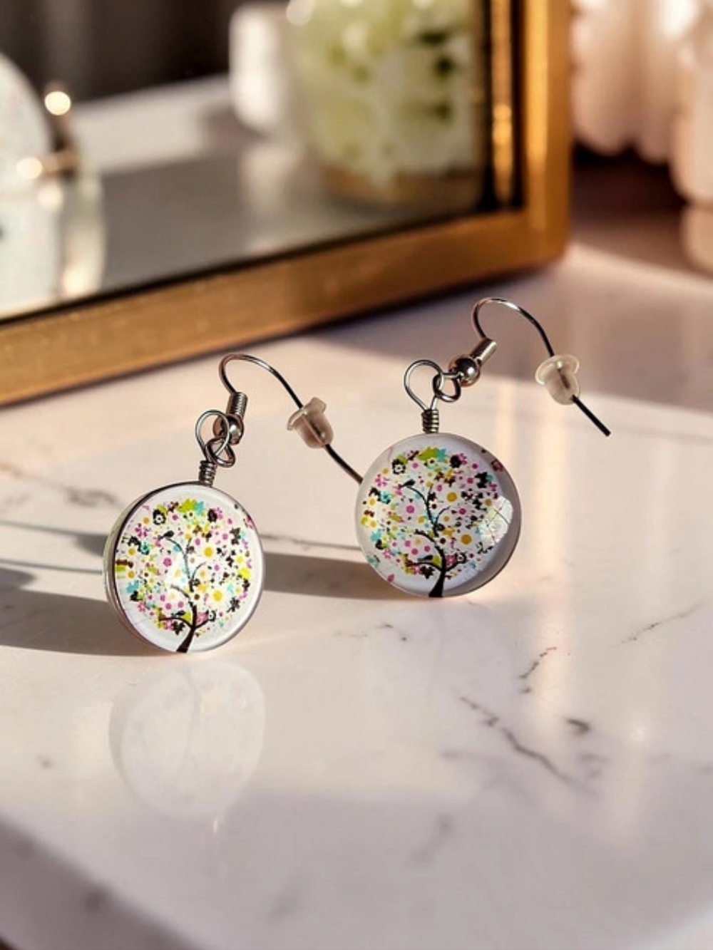 Fashion Jewelry Colorful Tree of Life Acrylic Cabochon Drop Earrings (New)